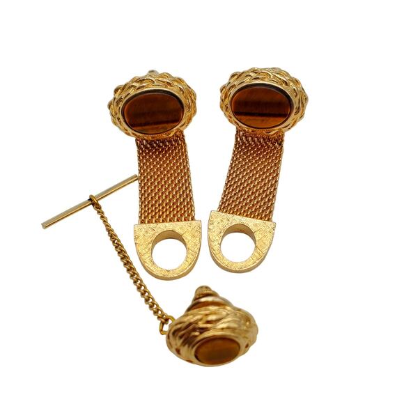 Vintage Tigers Eye Cufflinks Tie Tack Set Gold Mesh Wrap 1960s 70s Mens Jewelry - Picture 2 of 5